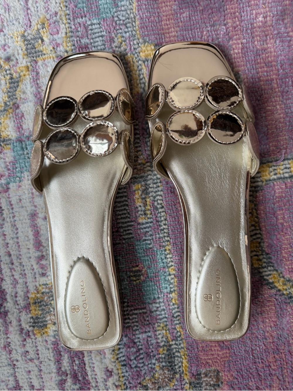 Bandolino Metallic Champagne Slide Mules with Mirror Discs